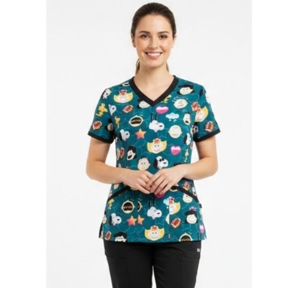 Peanuts Pediatric Nurse Scrubs Top Shirt Small Short Sleeve Blue Cartoon